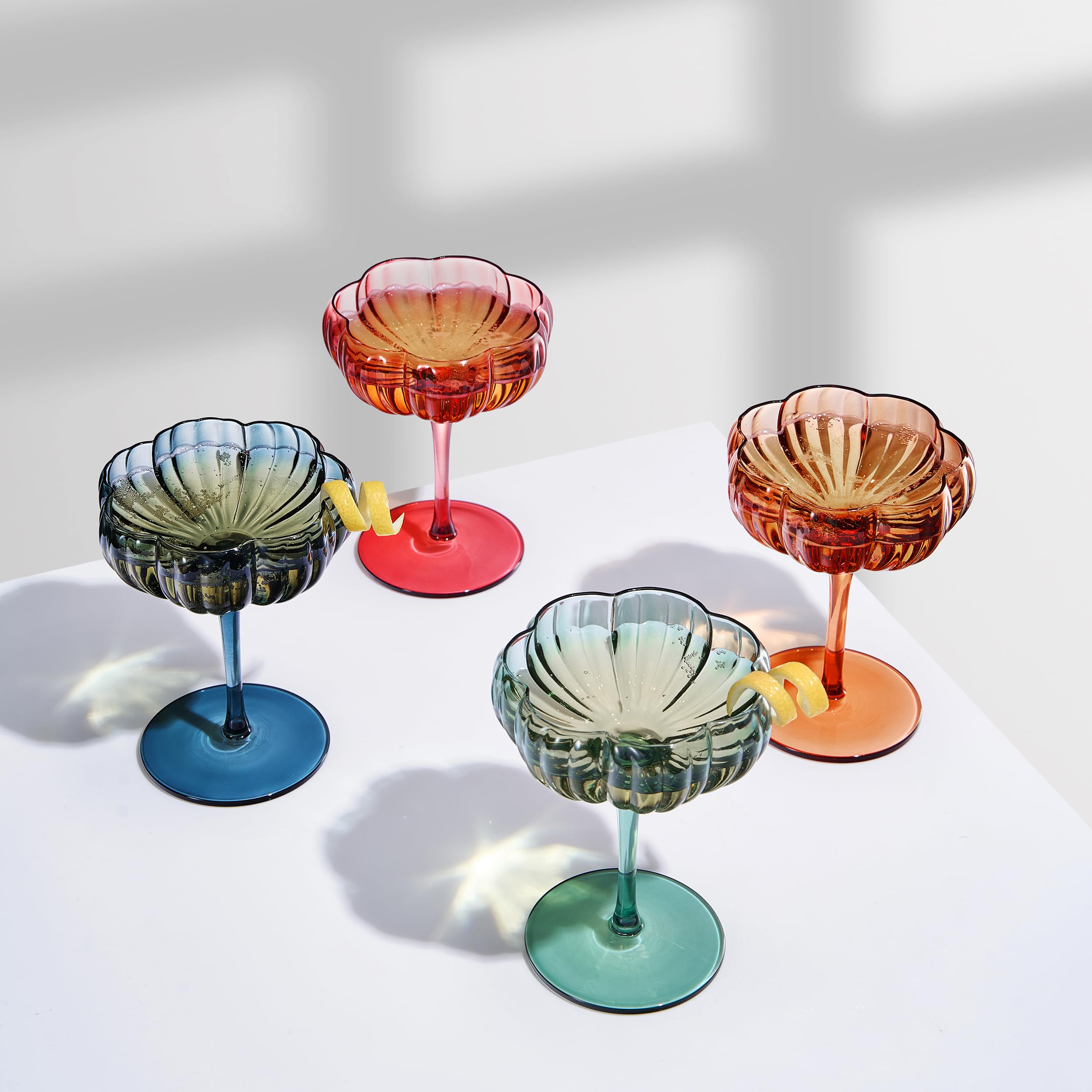 Khen Flower Modern Wavy Glass Coupes - Colorful Set of 4 for Cocktail & Martini, Muted Pastel Pastel Colors - Champagne,